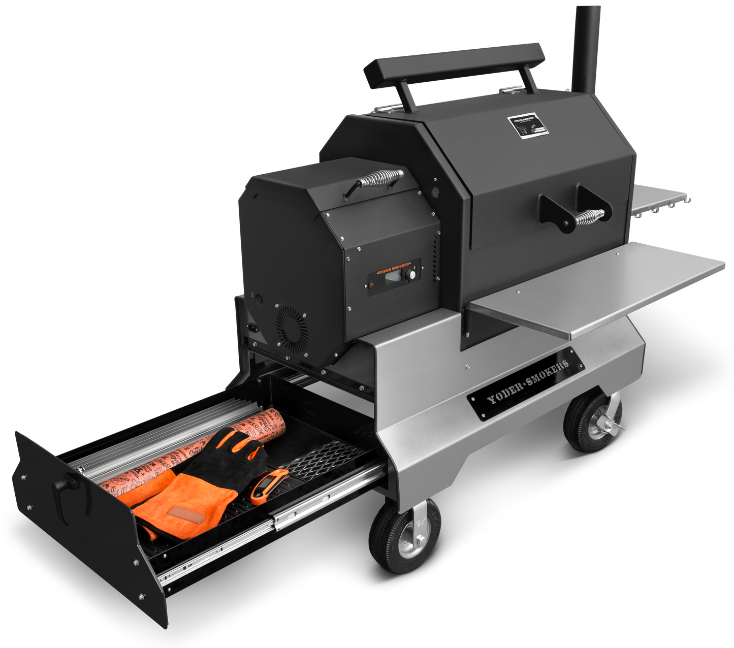 YS640S Yoder Smokers Adaptive Control System - with Yfi. Competition Pellet Grill with Steel Shelves and Drawer