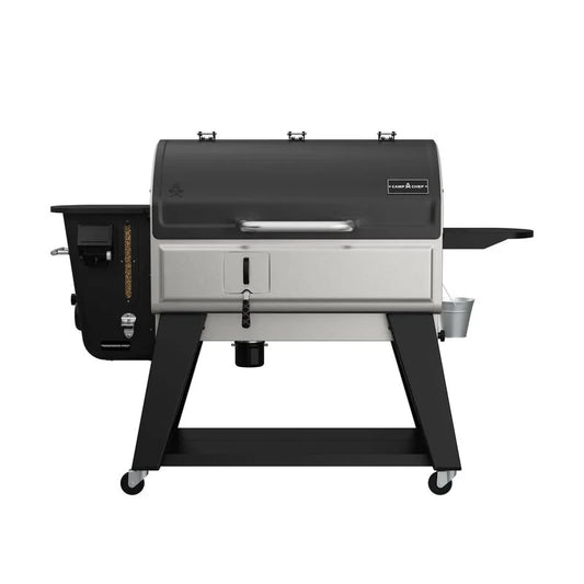Front view of silver and black grill